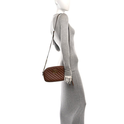 Gucci Glazed Calfskin Matelasse Diagonal Small GG Marmont Chain Shoulder Bag Cuir