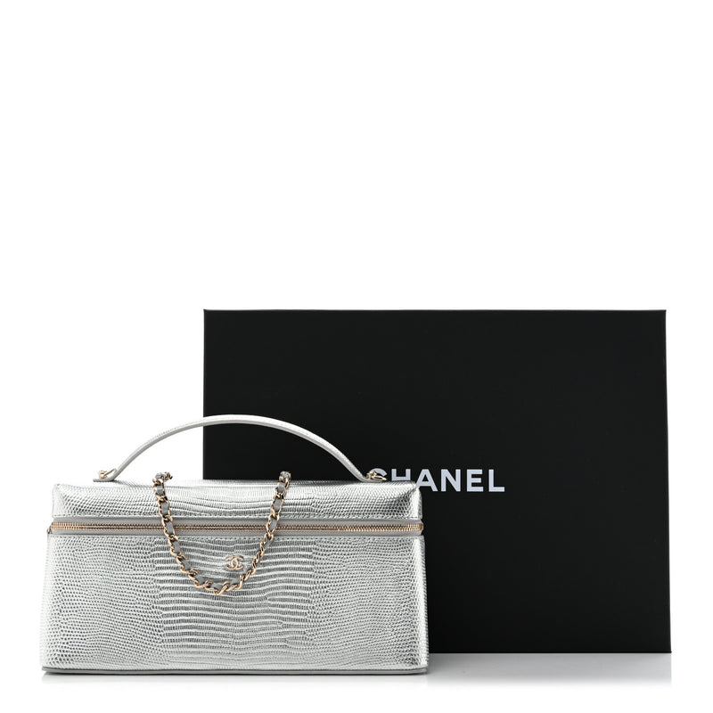 Chanel Lizard Embossed Top Handle Slim Vanity With Chain Silver