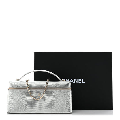 Chanel Lizard Embossed Top Handle Slim Vanity With Chain Silver