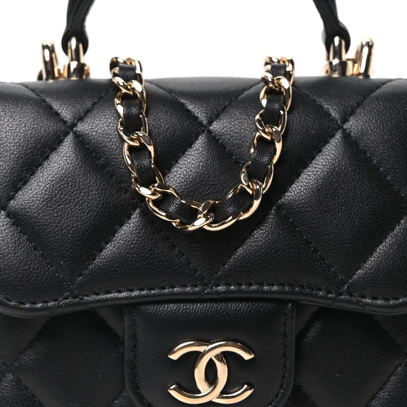 Chanel Lambskin Quilted Top Handle Flap Clutch With Chain Black