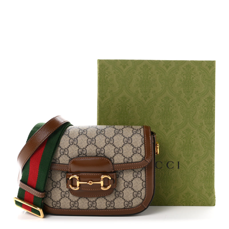 Gucci GG Supreme Monogram Web Mini Horsebit 1955 Shoulder Bag Beige Brown Sugar