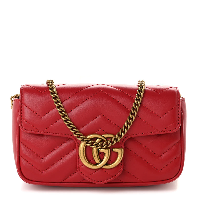 Gucci Calfskin Matelasse Super Mini GG Marmont Shoulder Bag Hibiscus Red