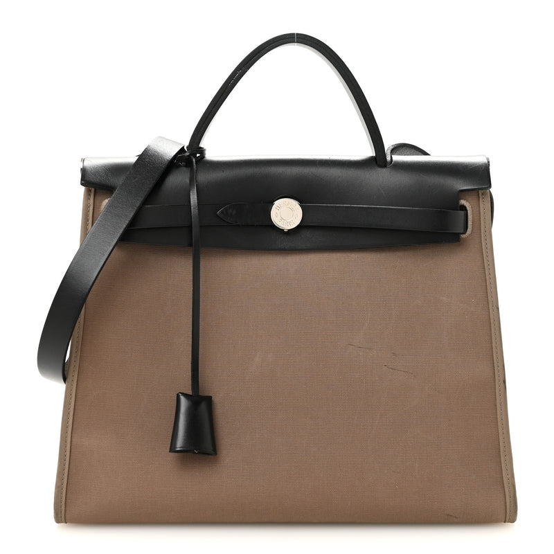 Hermes Toile Officier Vache Hunter Herbag Zip 31 PM Etoupe Bleu Indigo Etoupe Black
