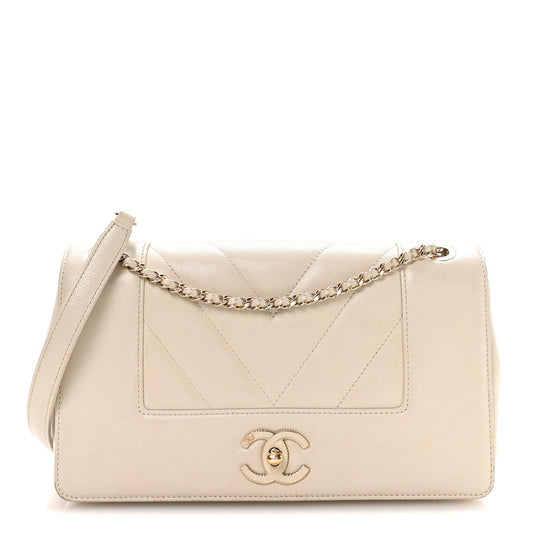 Chanel Sheepskin Chevron Quilted Medium Vintage Mademoiselle Flap White