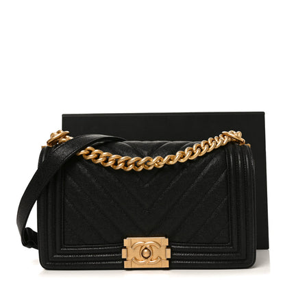 Chanel Caviar Chevron Quilted Medium Boy Flap Black