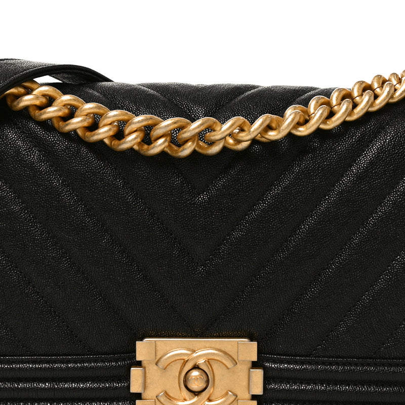 Chanel Caviar Chevron Quilted Medium Boy Flap Black