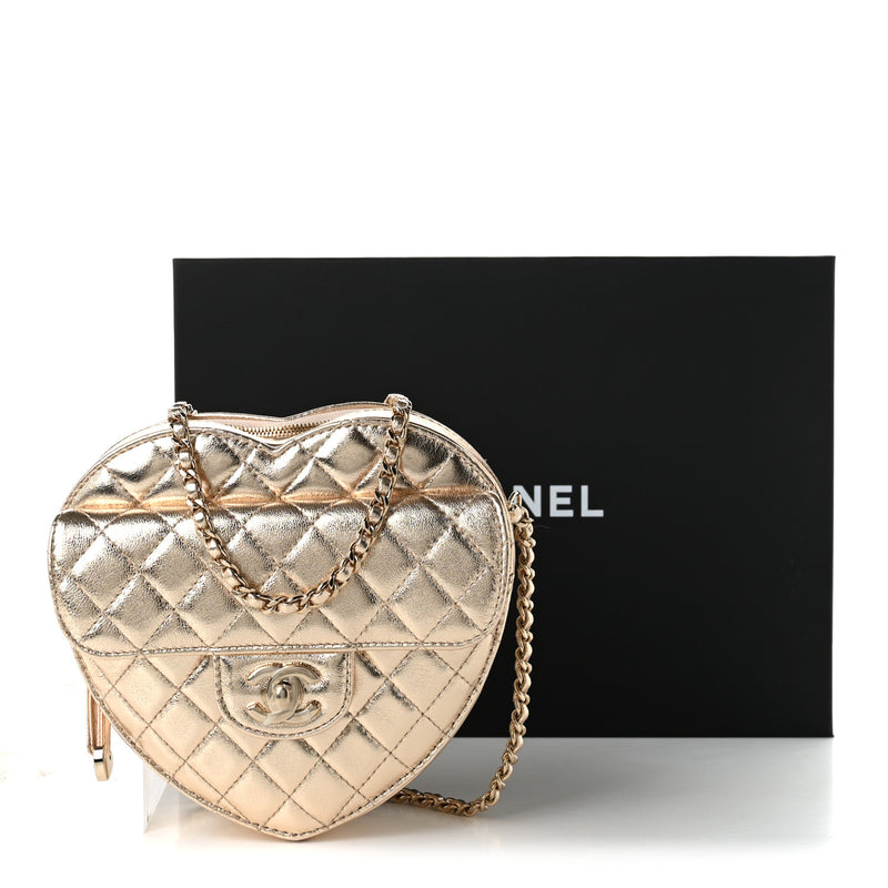 Chanel Metallic Lambskin Quilted Large CC In Love Heart Bag Gold