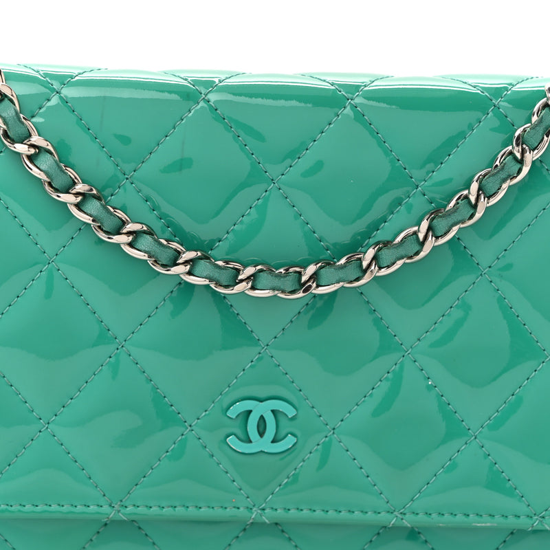 Chanel Patent Quilted Wallet On Chain WOC Green