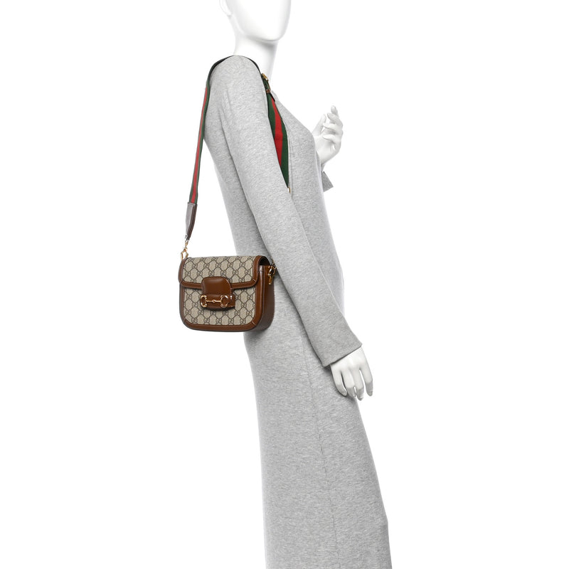 Gucci GG Supreme Monogram Web Mini Horsebit 1955 Shoulder Bag Beige Brown Sugar