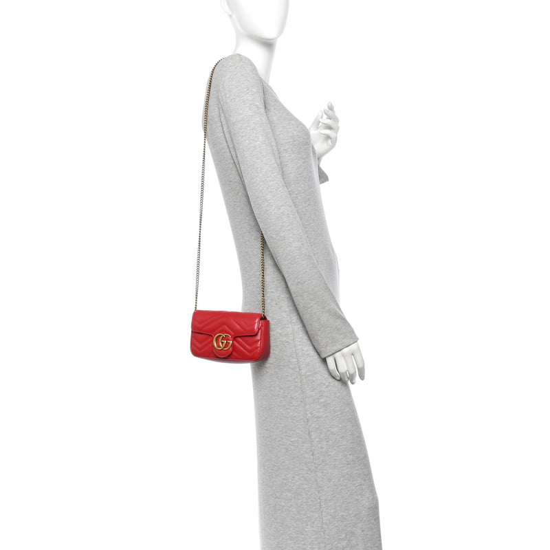 Gucci Calfskin Matelasse Super Mini GG Marmont Shoulder Bag Hibiscus Red