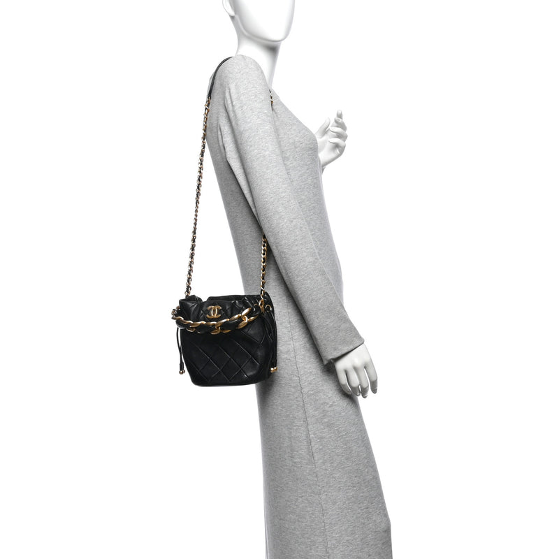 Chanel Shiny Lambskin Quilted Chain Is More Drawstring Bag Black
