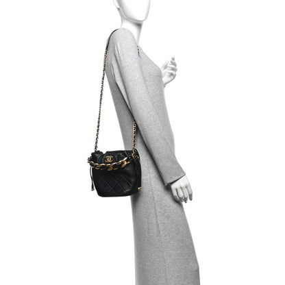 Chanel Shiny Lambskin Quilted Chain Is More Drawstring Bag Black