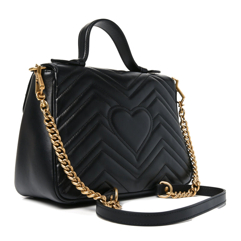 Gucci Calfskin Matelasse Small GG Marmont Top Handle Shoulder Bag Black