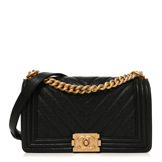Chanel Caviar Chevron Quilted Medium Boy Flap Black