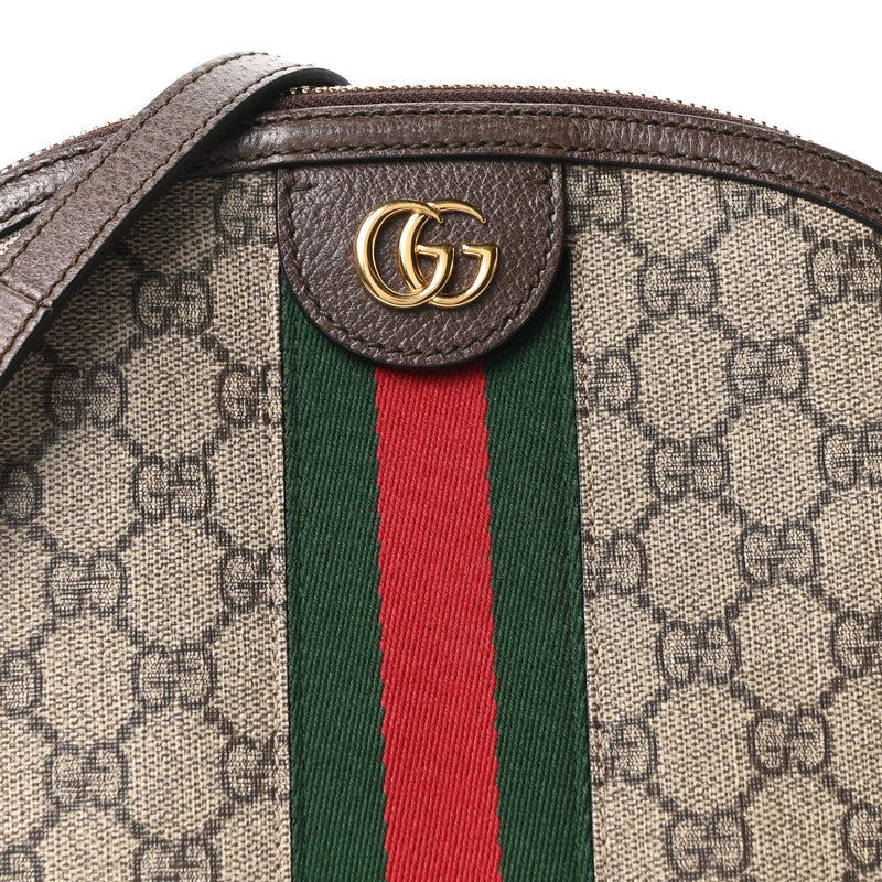 Gucci GG Supreme Monogram Textured Dollar Calfskin Web Small Ophidia Dome Shoulder Bag Beige Ebony New Acero