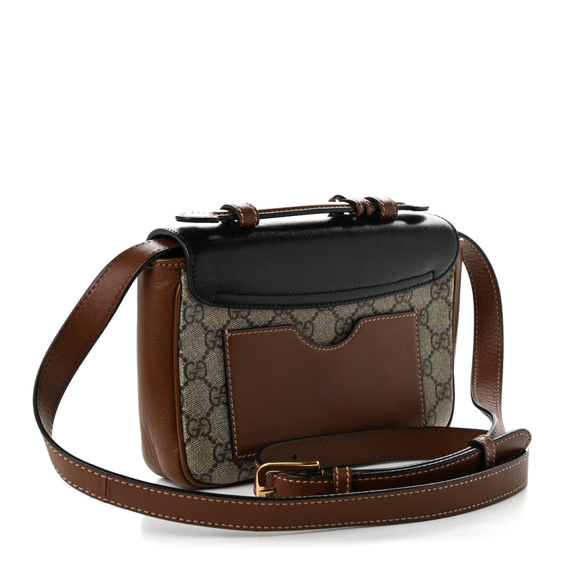 Gucci GG Supreme Monogram New Sakai Lux Calfskin Mini Padlock Flap Pocket Shoulder Bag Beige Ebony Black Cuir