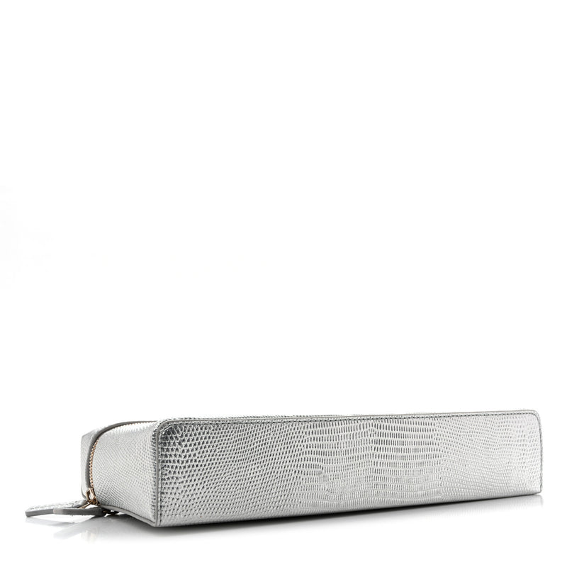 Chanel Lizard Embossed Top Handle Slim Vanity With Chain Silver