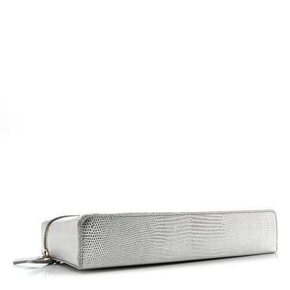Chanel Lizard Embossed Top Handle Slim Vanity With Chain Silver
