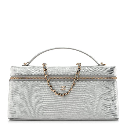 Chanel Lizard Embossed Top Handle Slim Vanity With Chain Silver
