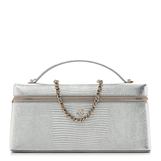 Chanel Lizard Embossed Top Handle Slim Vanity With Chain Silver