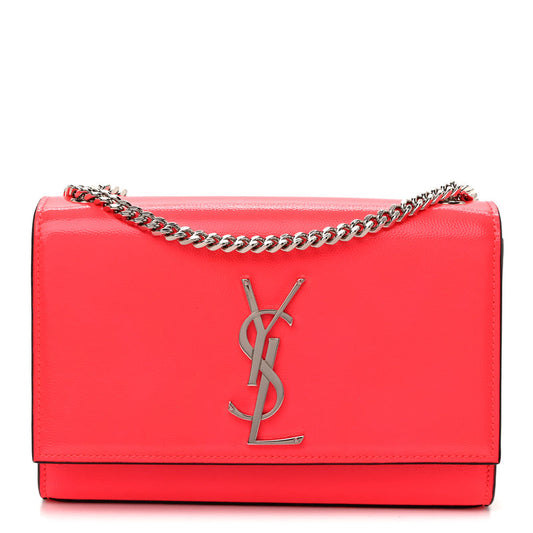 Saint Laurent Patent Grain de Poudre Small Monogram Kate Satchel Neon Pink