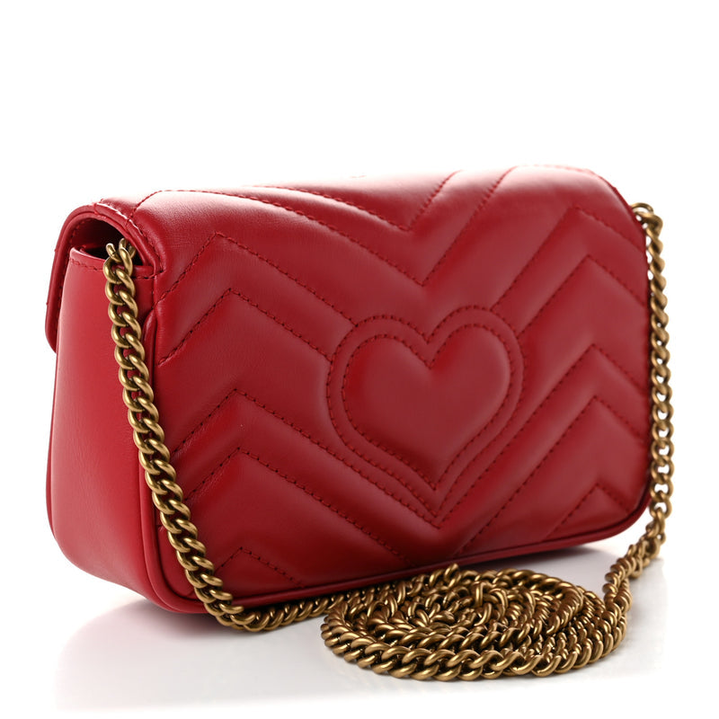 Gucci Calfskin Matelasse Super Mini GG Marmont Shoulder Bag Hibiscus Red
