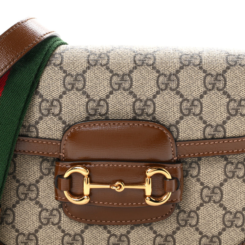 Gucci GG Supreme Monogram Web Mini Horsebit 1955 Shoulder Bag Beige Brown Sugar