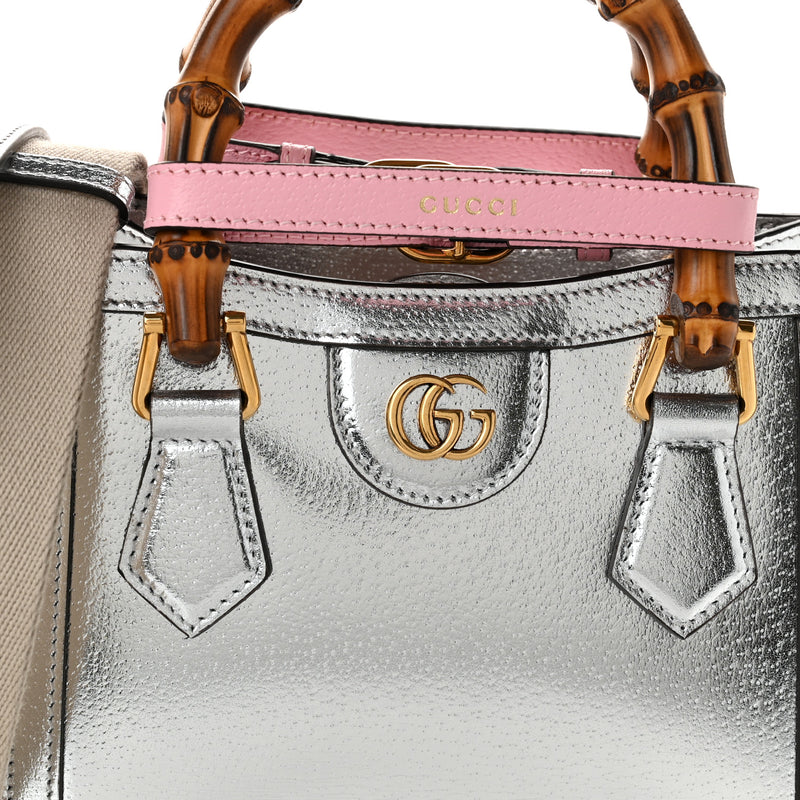 Gucci Textured Calfskin Mini Diana Tote Bag Silver Sugar Pink