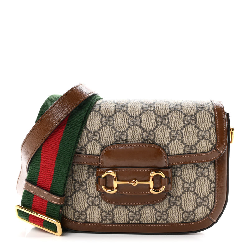 Gucci GG Supreme Monogram Web Mini Horsebit 1955 Shoulder Bag Beige Brown Sugar