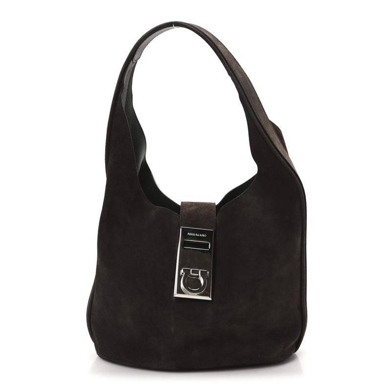 Salvatore Ferragamo Calfskin Suede Medium Archivo Gancio Hobo Testa di Moro