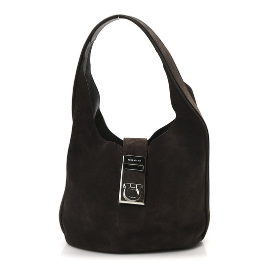 Salvatore Ferragamo Calfskin Suede Medium Archivo Gancio Hobo Testa di Moro