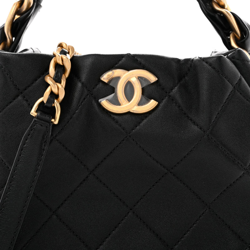 Chanel Shiny Lambskin Quilted Chain Is More Drawstring Bag Black