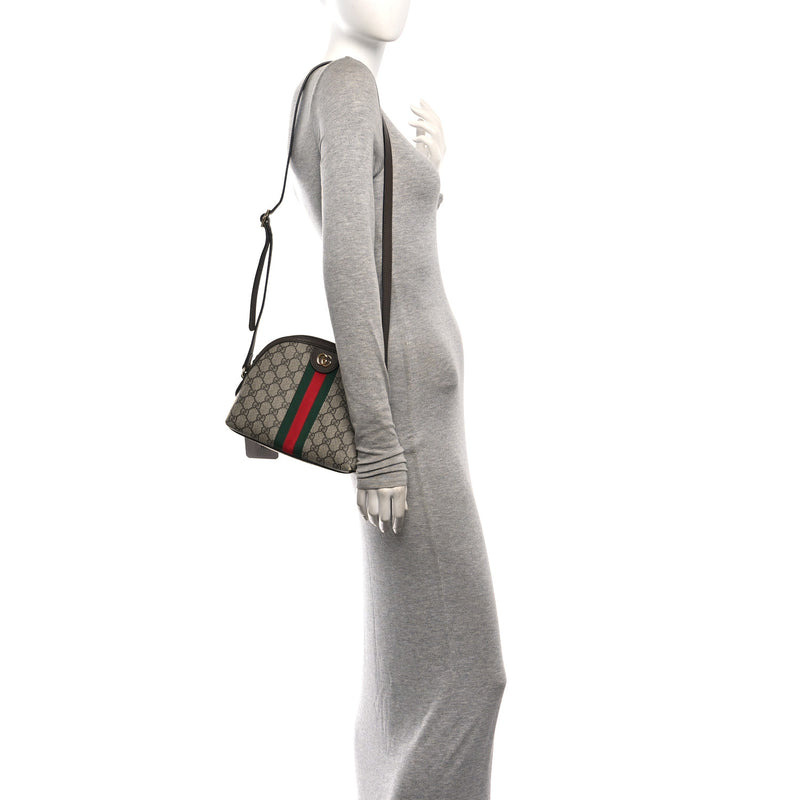 Gucci GG Supreme Monogram Textured Dollar Calfskin Web Small Ophidia Dome Shoulder Bag Beige Ebony New Acero