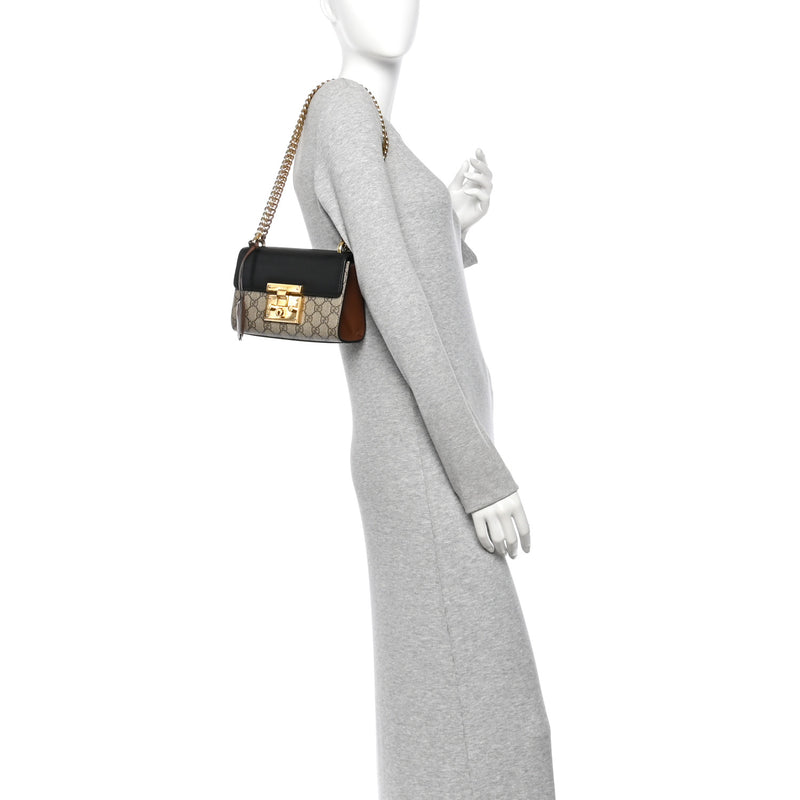 Gucci GG Supreme Monogram Calfskin Small Padlock Shoulder Bag Beige Black Cuir