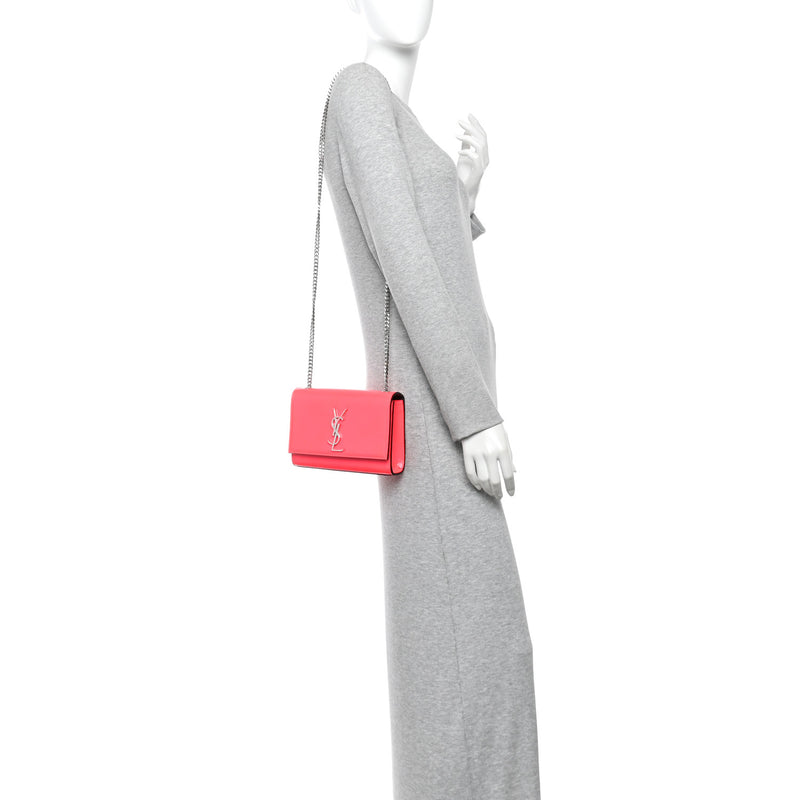 Saint Laurent Patent Grain de Poudre Small Monogram Kate Satchel Neon Pink
