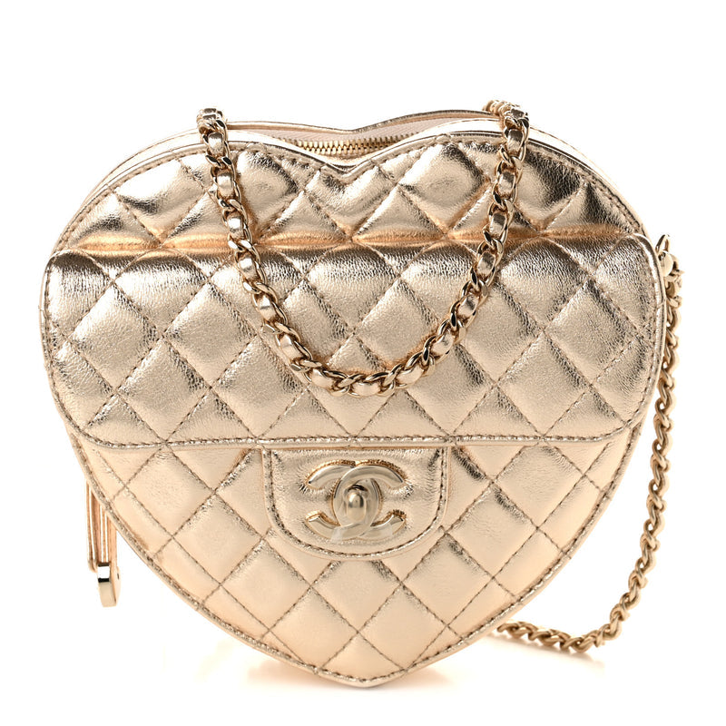 Chanel Metallic Lambskin Quilted Large CC In Love Heart Bag Gold