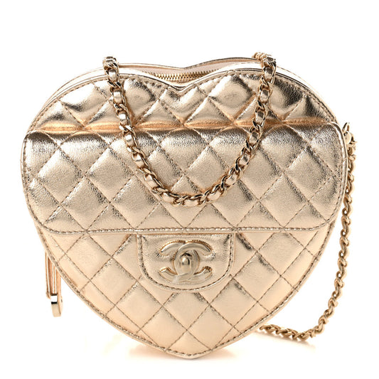 Chanel Metallic Lambskin Quilted Large CC In Love Heart Bag Gold