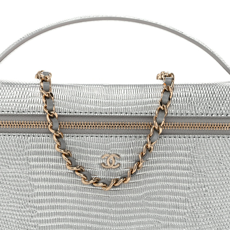 Chanel Lizard Embossed Top Handle Slim Vanity With Chain Silver
