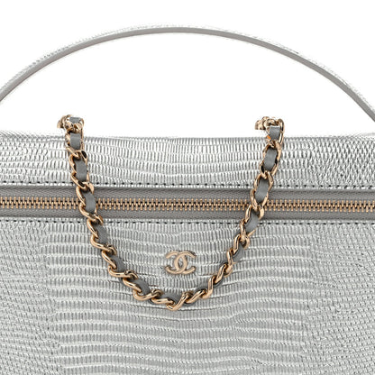 Chanel Lizard Embossed Top Handle Slim Vanity With Chain Silver