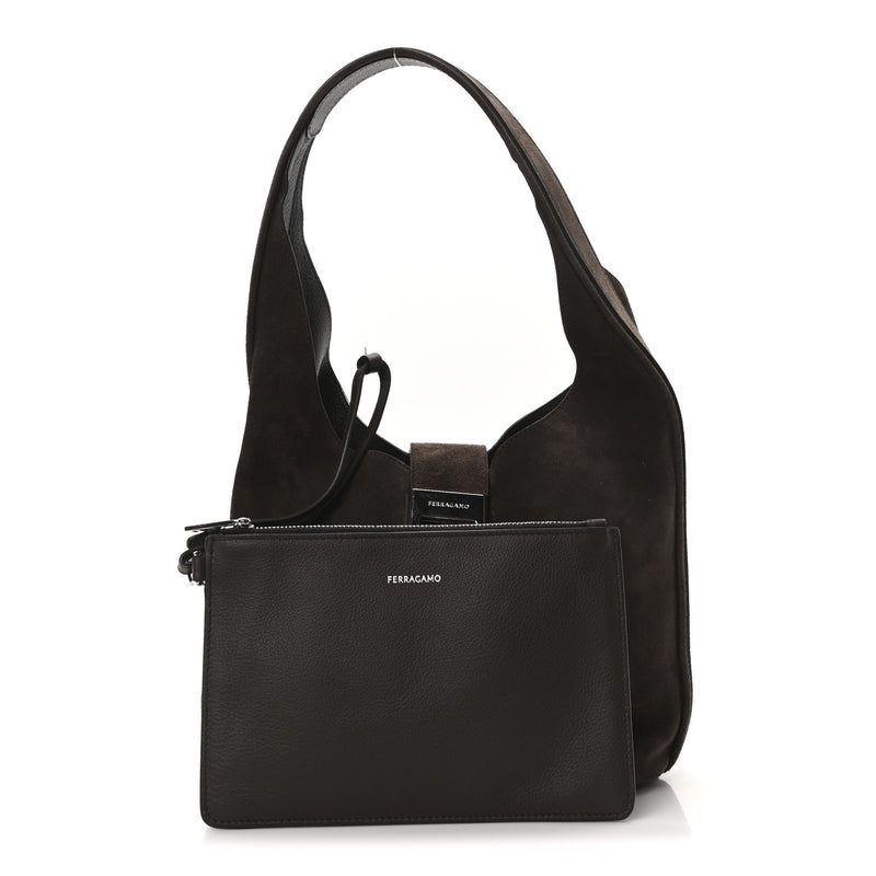 Salvatore Ferragamo Calfskin Suede Medium Archivo Gancio Hobo Testa di Moro