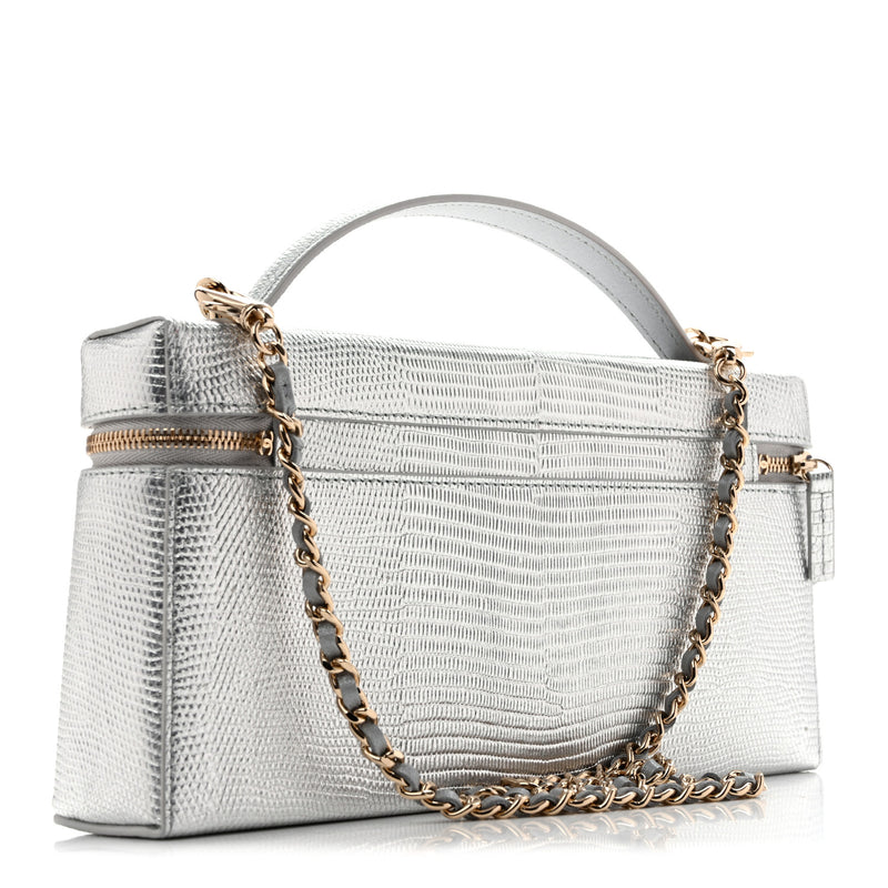 Chanel Lizard Embossed Top Handle Slim Vanity With Chain Silver