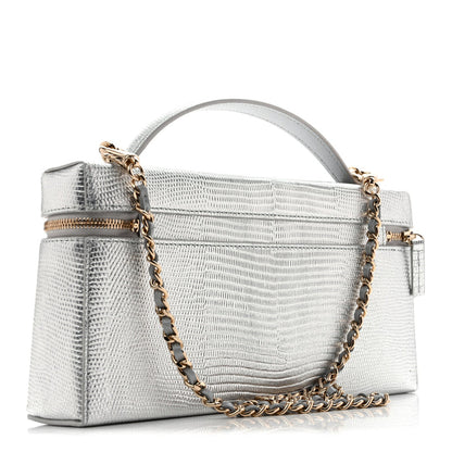 Chanel Lizard Embossed Top Handle Slim Vanity With Chain Silver