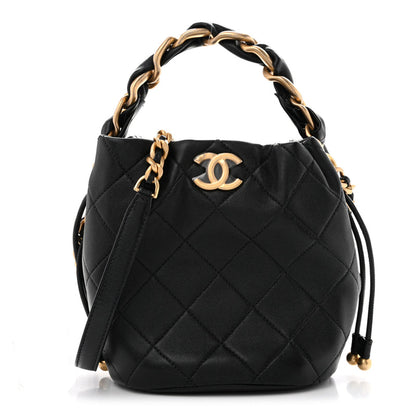 Chanel Shiny Lambskin Quilted Chain Is More Drawstring Bag Black