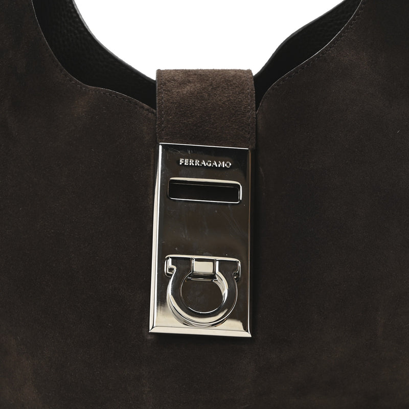 Salvatore Ferragamo Calfskin Suede Medium Archivo Gancio Hobo Testa di Moro