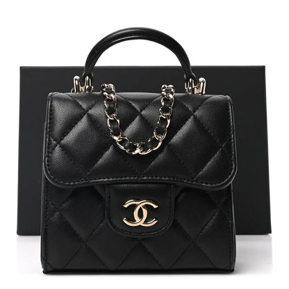 Chanel Lambskin Quilted Top Handle Flap Clutch With Chain Black