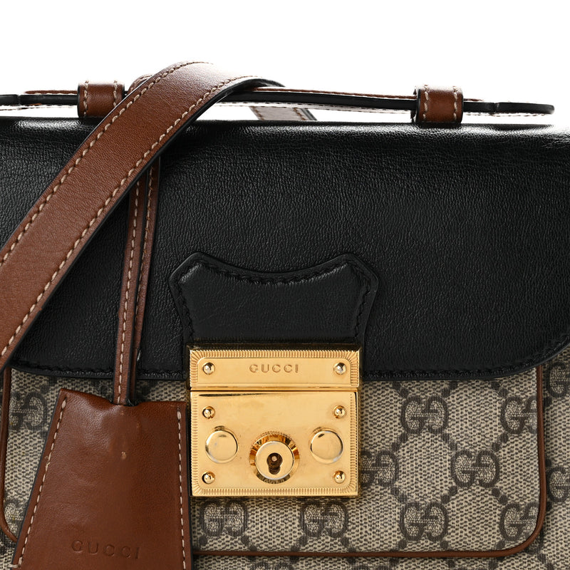 Gucci GG Supreme Monogram New Sakai Lux Calfskin Mini Padlock Flap Pocket Shoulder Bag Beige Ebony Black Cuir