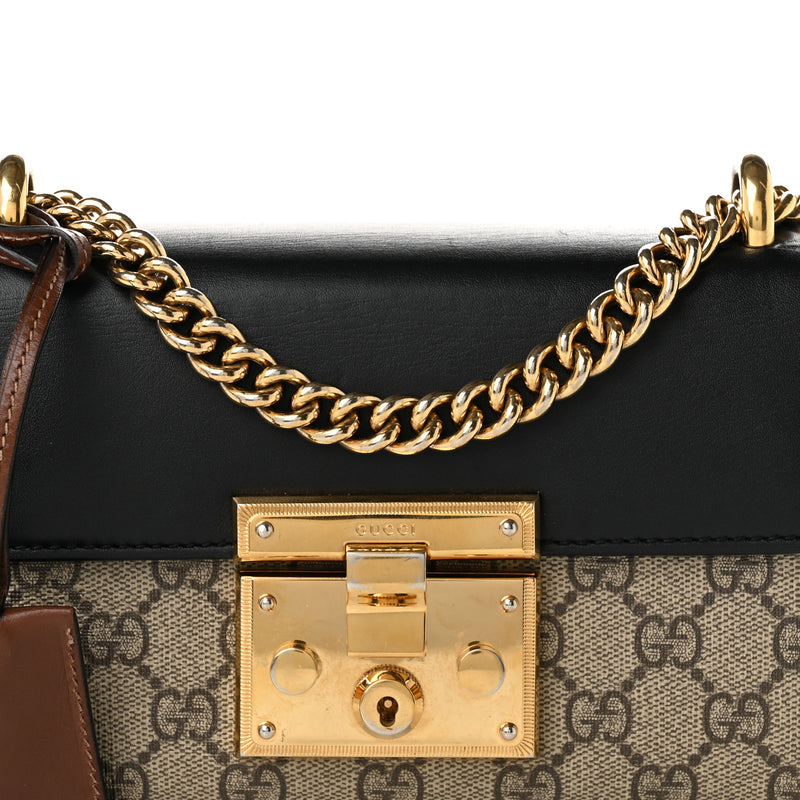 Gucci GG Supreme Monogram Calfskin Small Padlock Shoulder Bag Beige Black Cuir