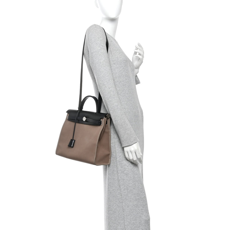 Hermes Toile Officier Vache Hunter Herbag Zip 31 PM Etoupe Bleu Indigo Etoupe Black