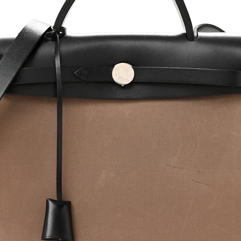 Hermes Toile Officier Vache Hunter Herbag Zip 31 PM Etoupe Bleu Indigo Etoupe Black
