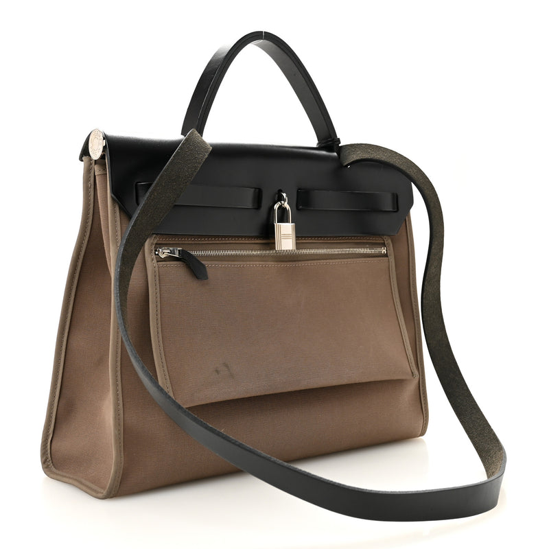 Hermes Toile Officier Vache Hunter Herbag Zip 31 PM Etoupe Bleu Indigo Etoupe Black